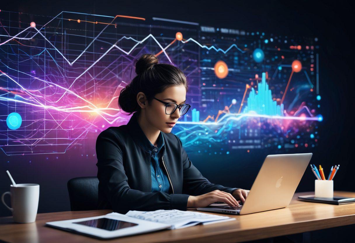 A modern blogger surrounded by floating digital data visuals, including charts, graphs, and glowing icons, symbolizing the journey from opinions to discoveries. The blogger is intently typing on a laptop, with a thoughtful expression. A vibrant background featuring abstract shapes and bright colors adds energy to the scene. super-realistic. vibrant colors. tech-inspired.