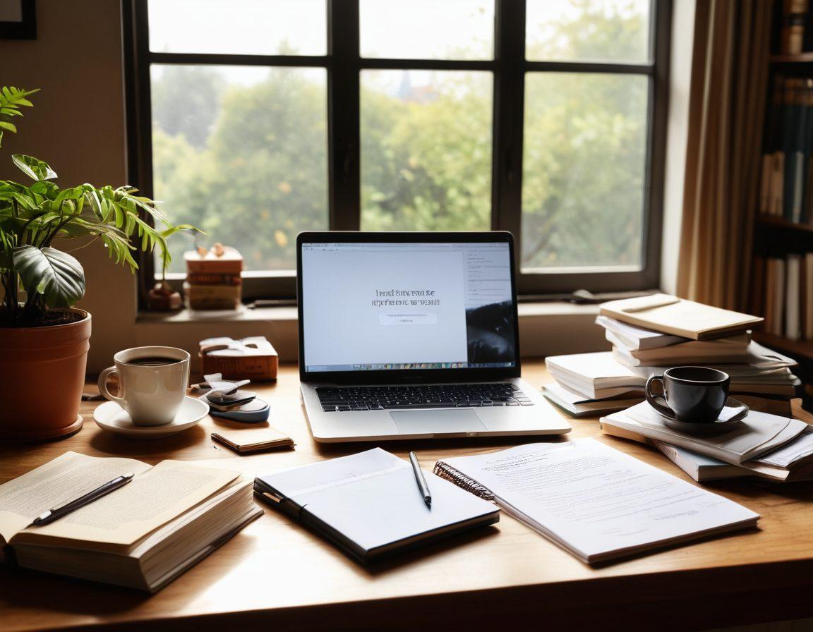 A serene desk scene featuring an open laptop with a blog post titled 'Unlocking Understanding' displayed on the screen, surrounded by books, research papers, and a cup of steaming coffee. Sunlight filters through a window, casting soft shadows, with a notepad filled with creative ideas nearby. The atmosphere evokes inspiration and knowledge sharing. super-realistic. warm tones. soft focus.