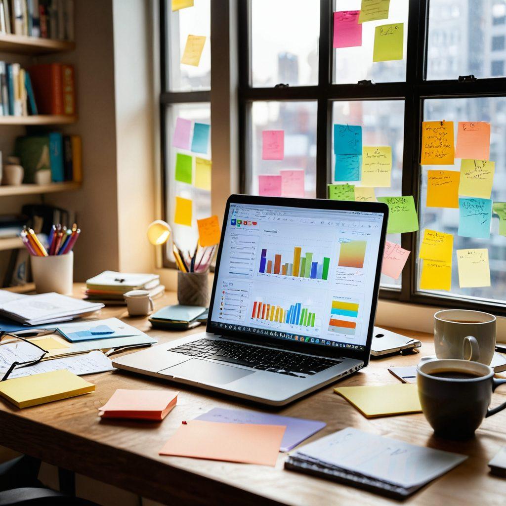 A creative workspace filled with diverse research materials, like books, notes, and digital devices. An open laptop displays a vibrant blog post draft, surrounded by colorful charts and graphs illustrating data transformation. Sunlight streams through a window, adding warmth and inspiration to the scene. Include elements of collaboration, like sticky notes or coffee cups. super-realistic. vibrant colors. airy atmosphere.